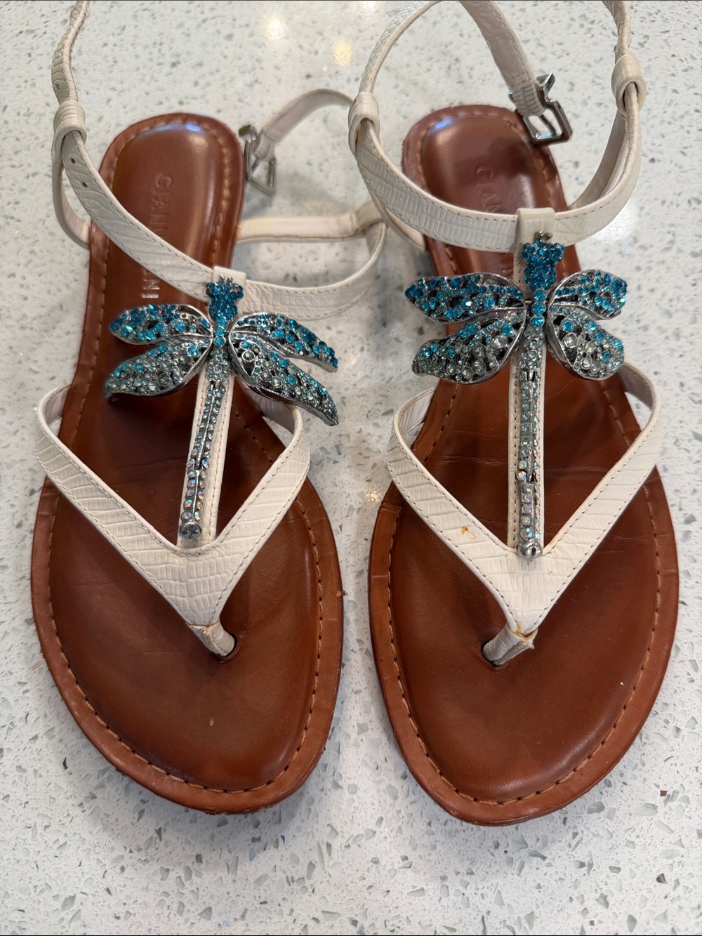 Gianni Bini White T-Strap Sandals with Blue Crystal Dragonfly
